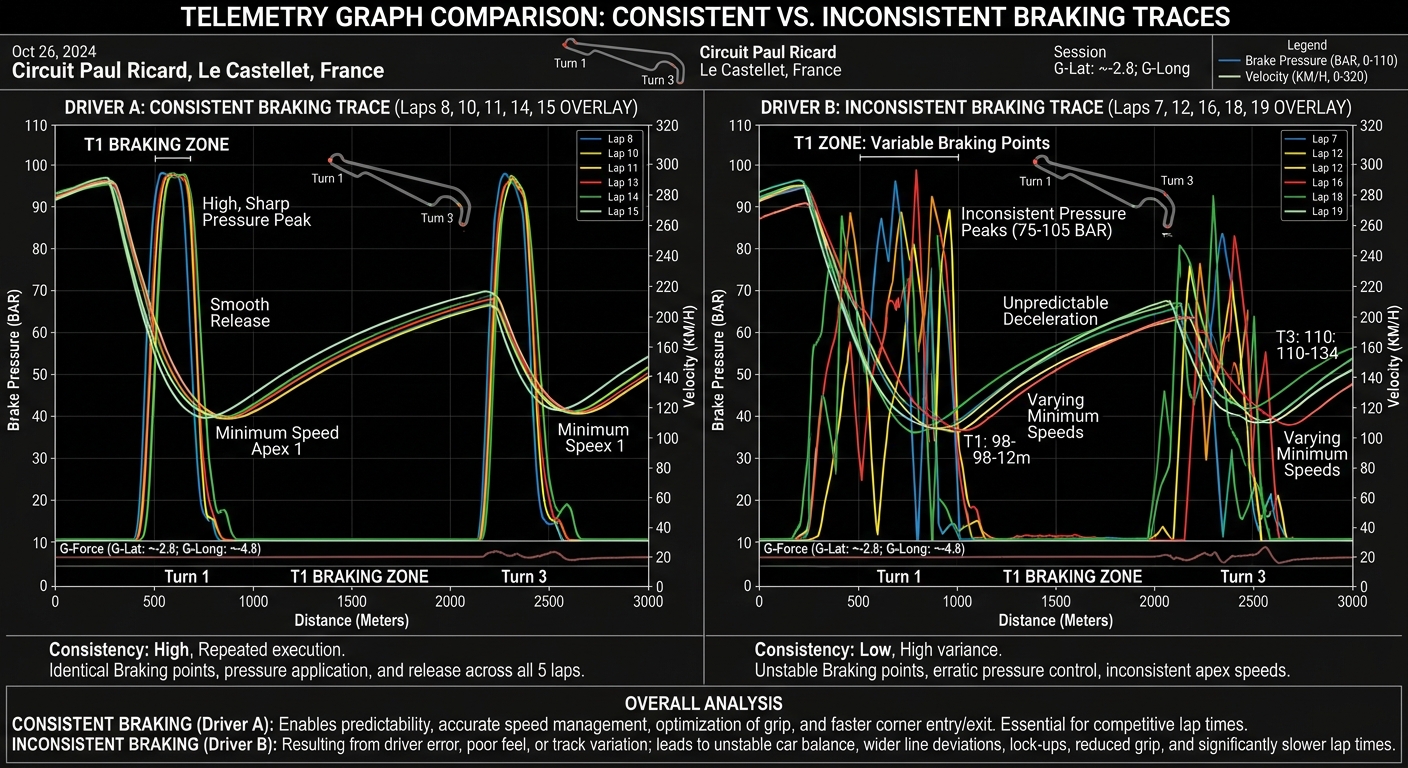 Comparing telemetry laps helps identify where driving has become instinctive versus where manual correction is still needed.