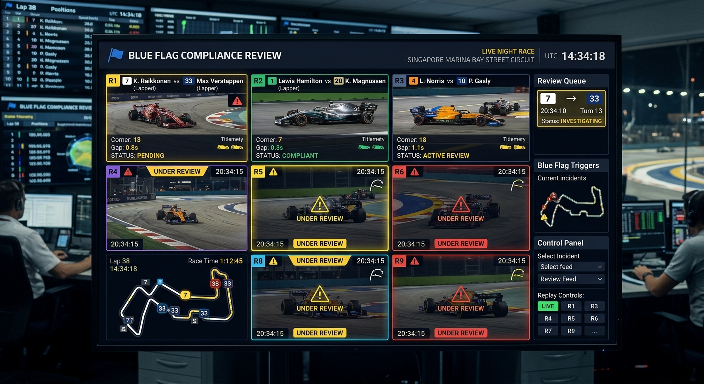 Race control monitors showing a steward's view of on-track positioning and blue flag notifications.