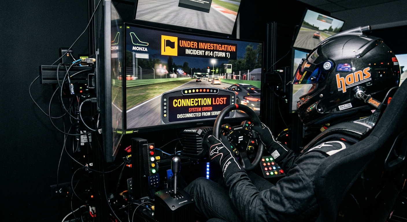 A digital race control interface displaying a connection warning overlayed on a sim racing cockpit.