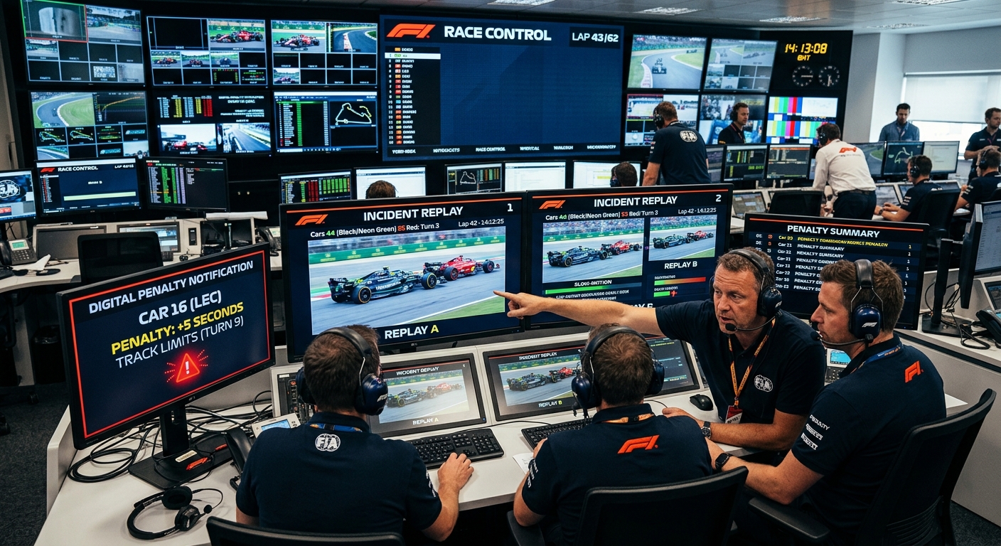 Professional race control interface displaying incident reviews and live stewarding data.