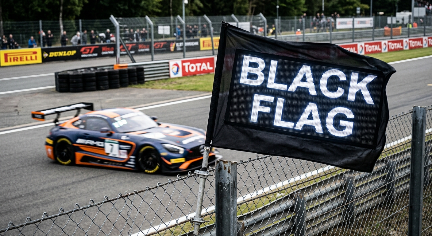 A digital black flag signals a disqualification, emphasizing the gravity of race control decisions in competitive sim racing.