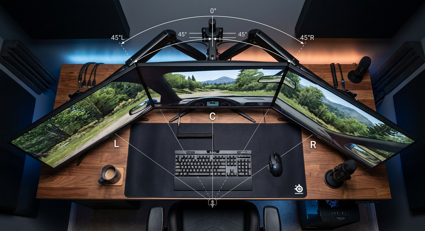 The geometric alignment of a triple monitor setup for immersive and mathematically accurate field of view.