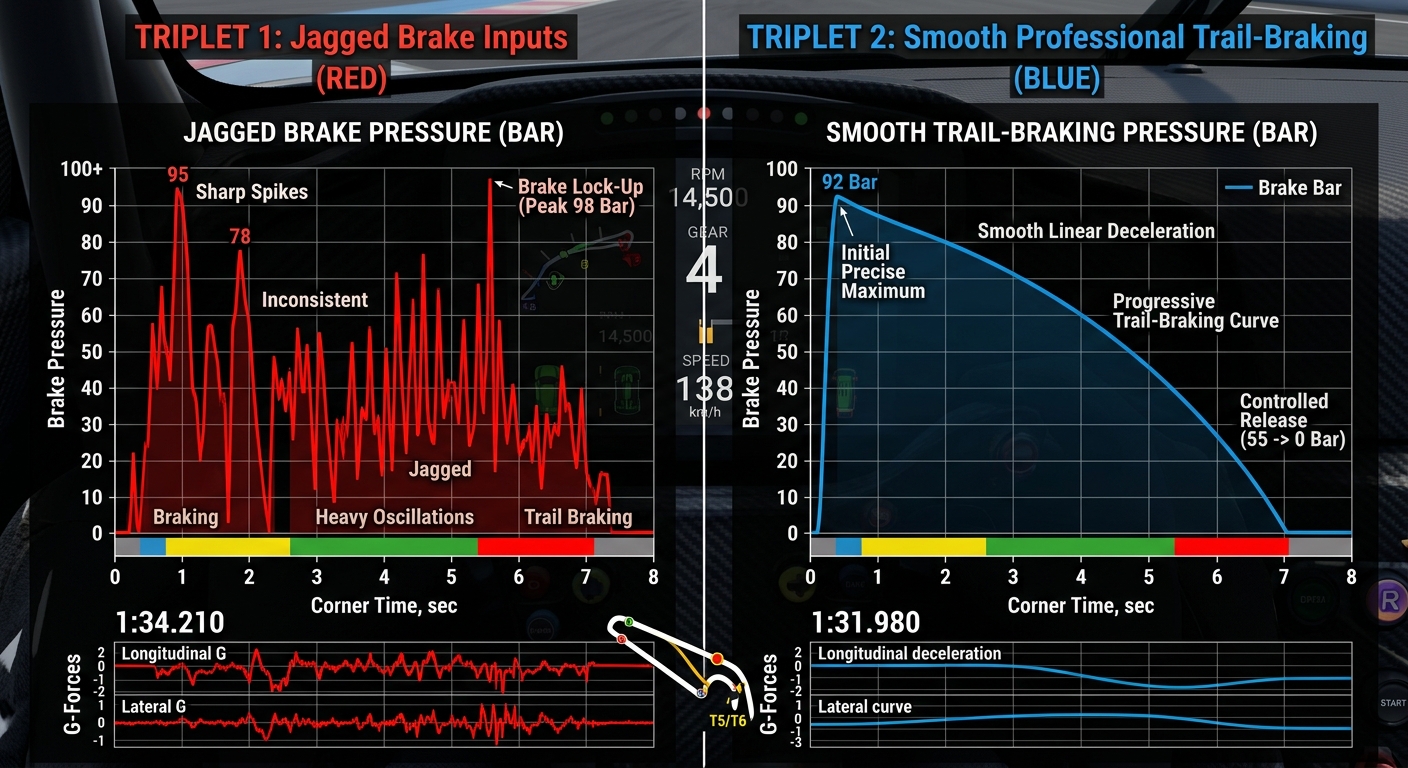 Comparing brake pressure traces reveals how smooth release helps maintain car rotation through Monza's heavy braking zones.