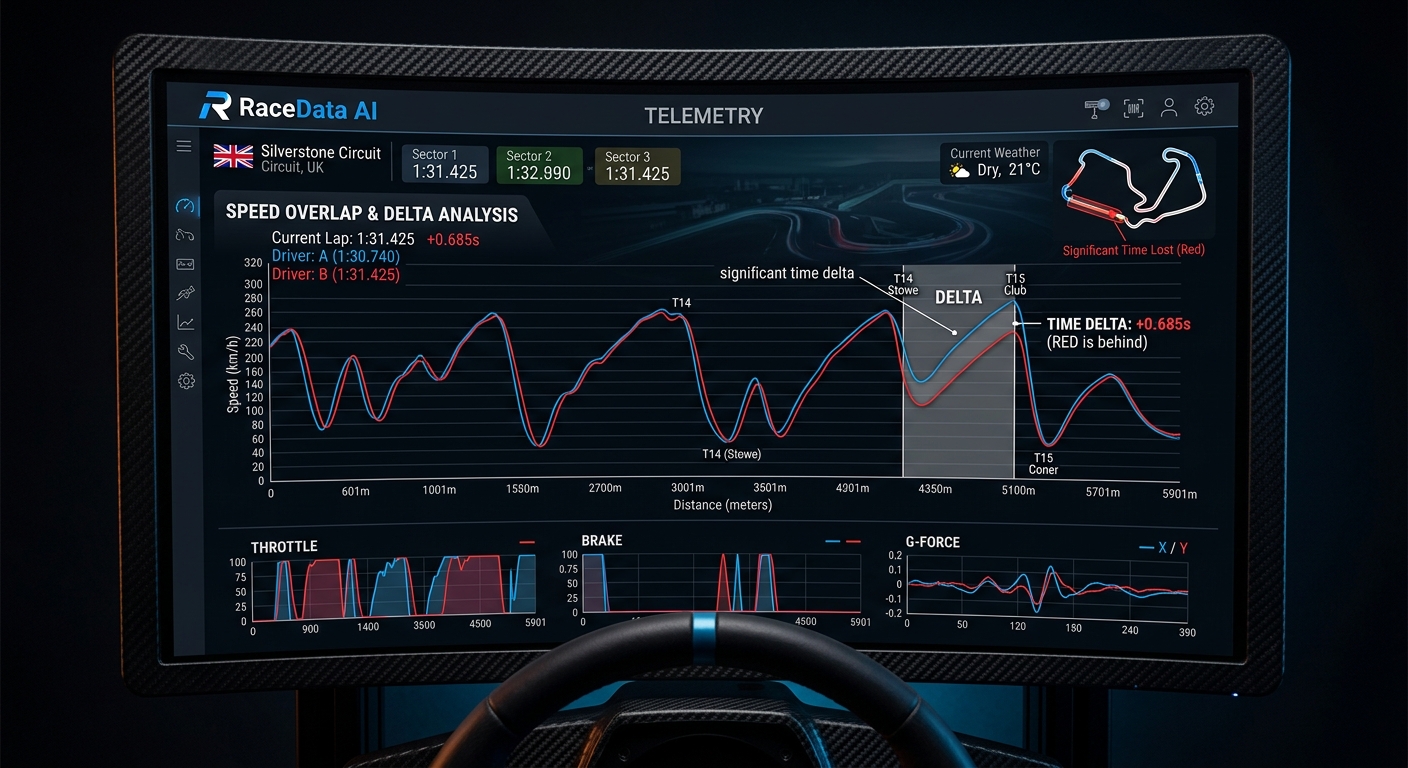 The speed trace reveals exactly where your car is losing momentum compared to a faster lap.