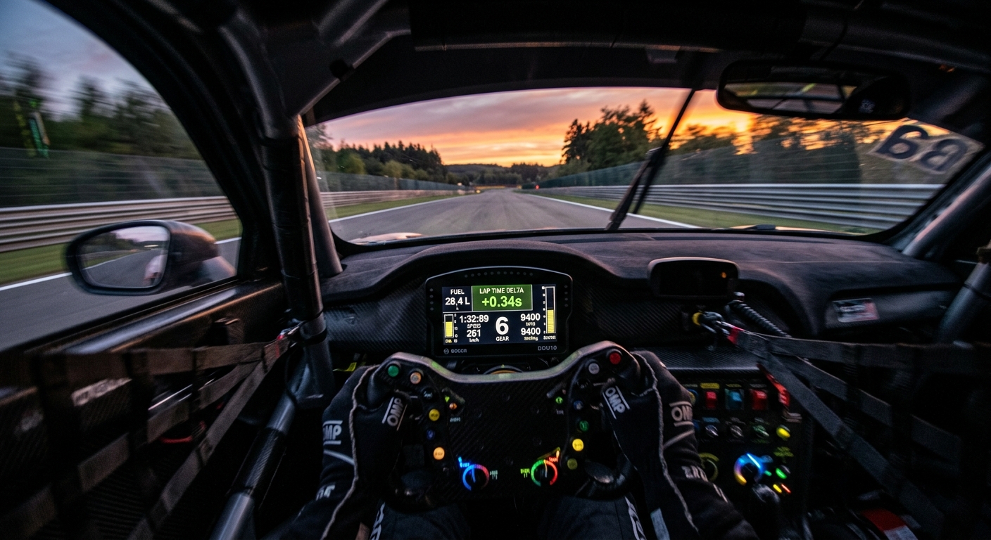 A GT3 cockpit view at sunset highlighting the fuel consumption and lap time delta on the digital dashboard.