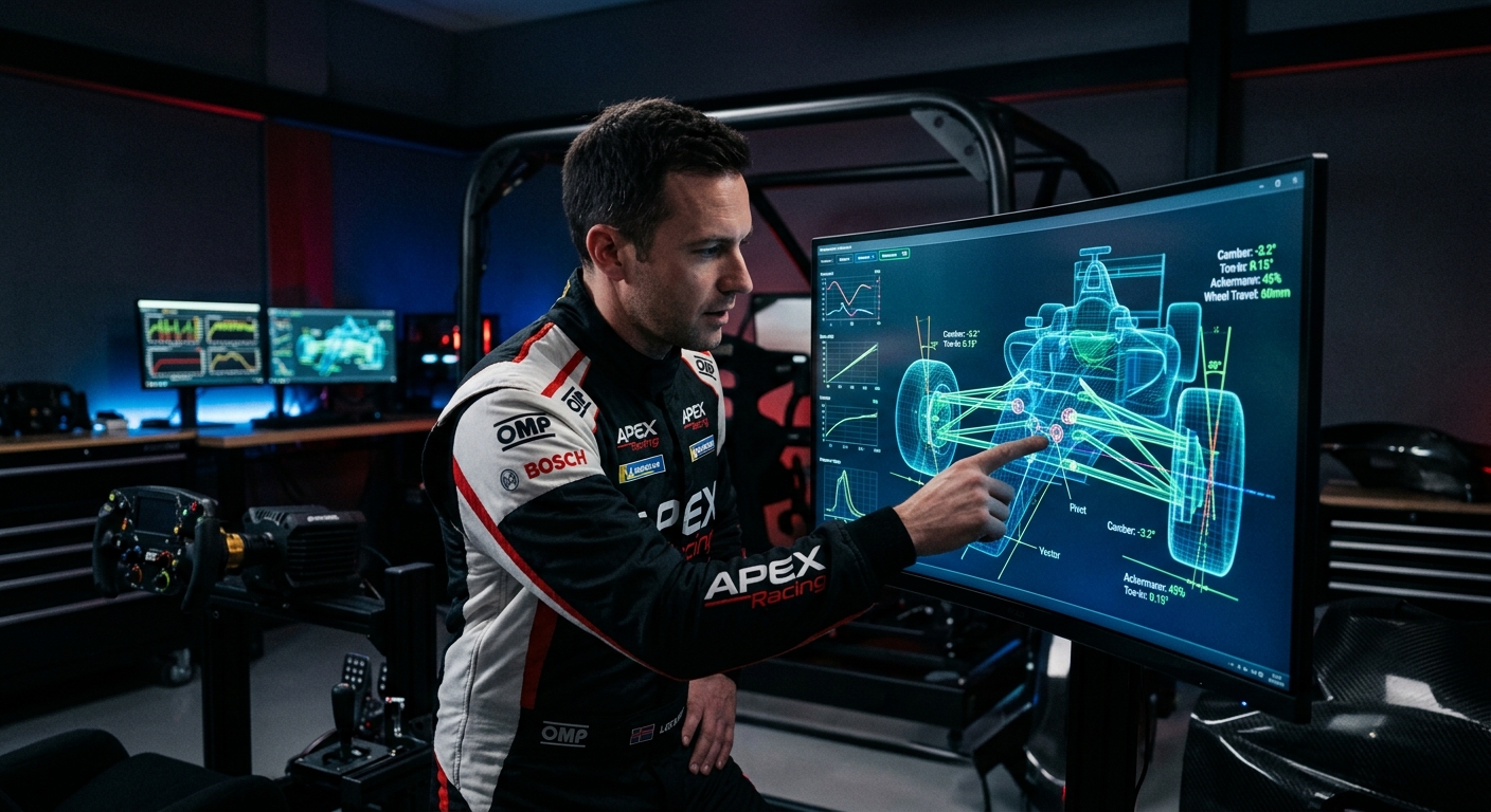 Analyzing the digital skeleton of a sim car to ensure suspension geometry matches real-world manufacturer specifications.