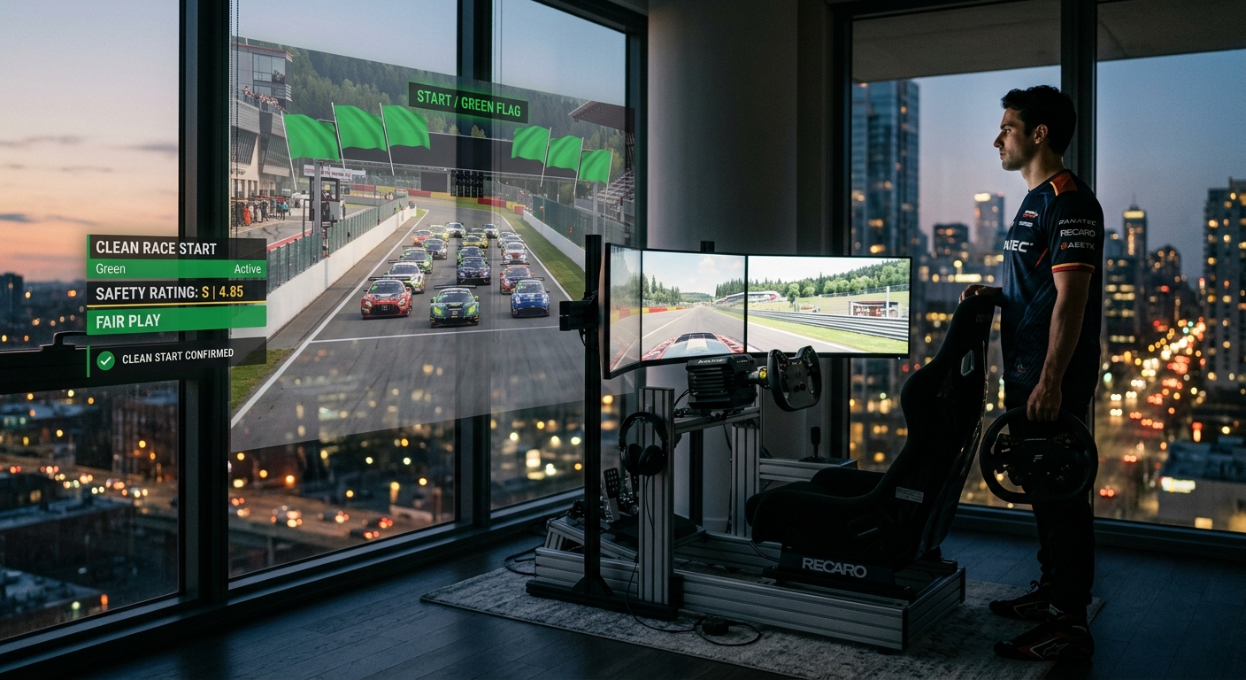 A driver reflects on their high-end simulator rig while imagining a clean and professional race start sequence.