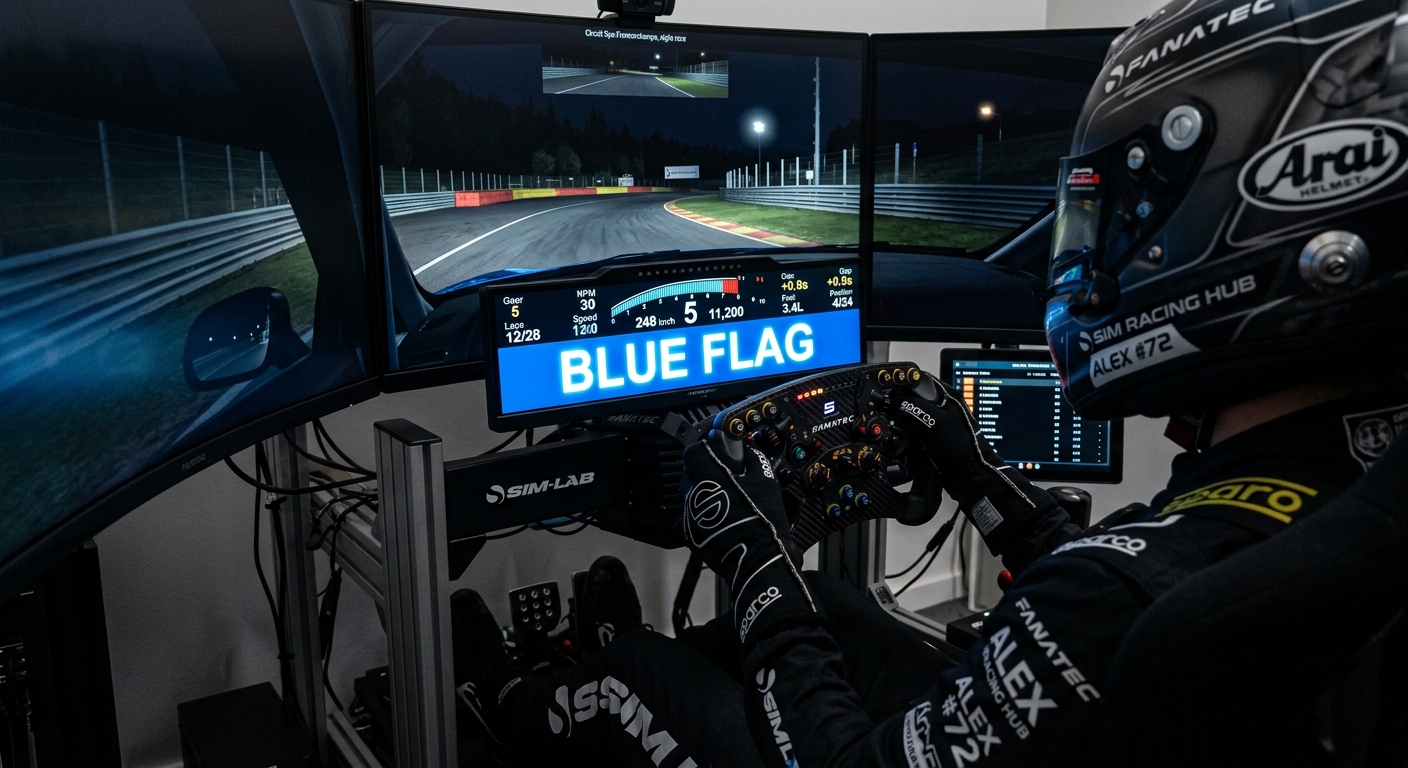 A digital dashboard notification warns the driver of a faster car approaching from behind.