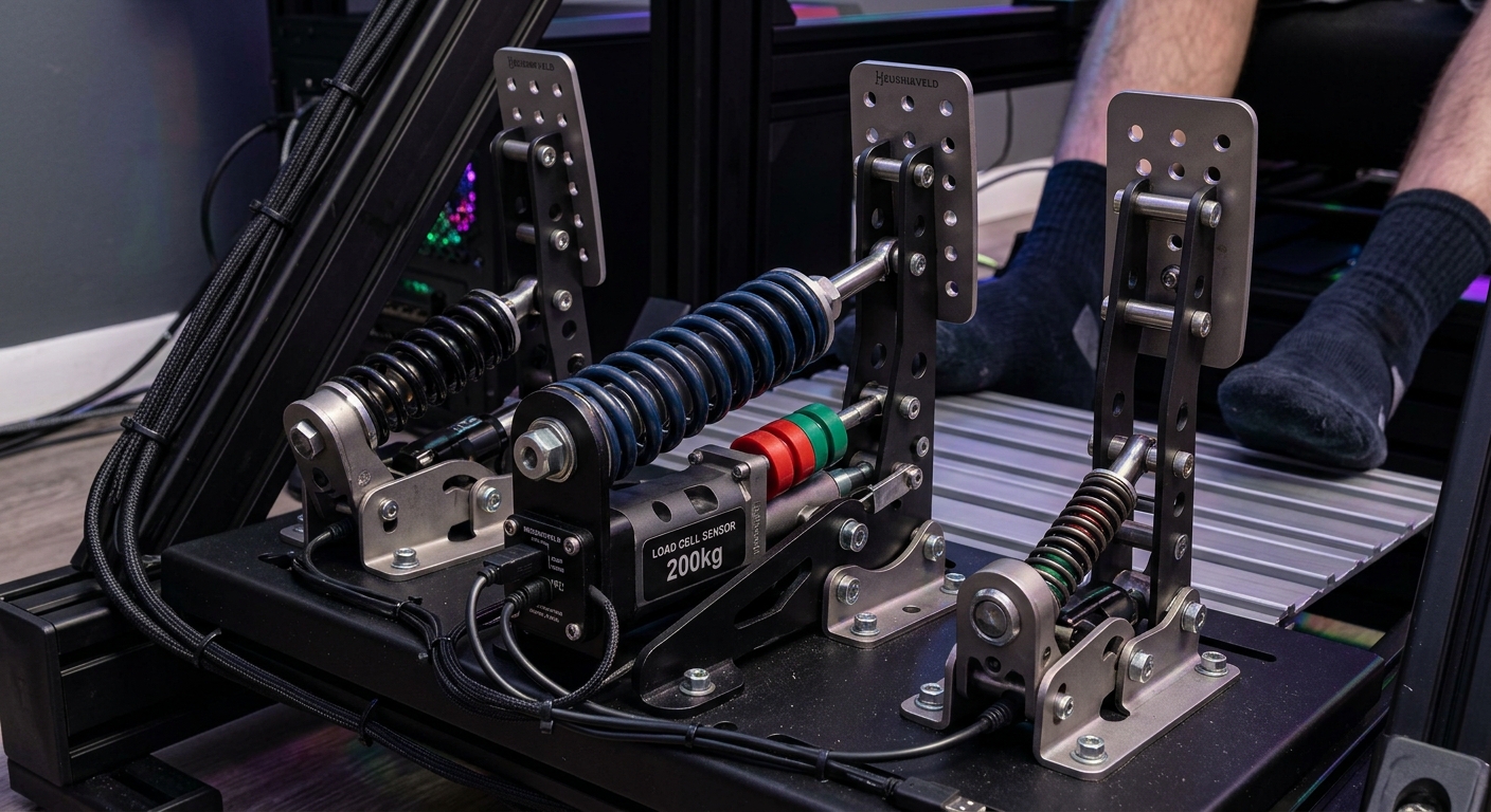 Professional pedal hardware featuring adjustable elastomers and load cell sensors for customized braking resistance and feel.