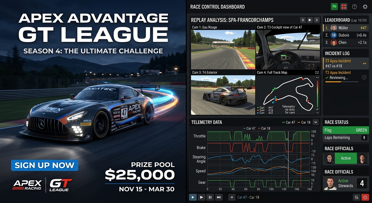 A professional league poster alongside a digital race control dashboard for incident review.