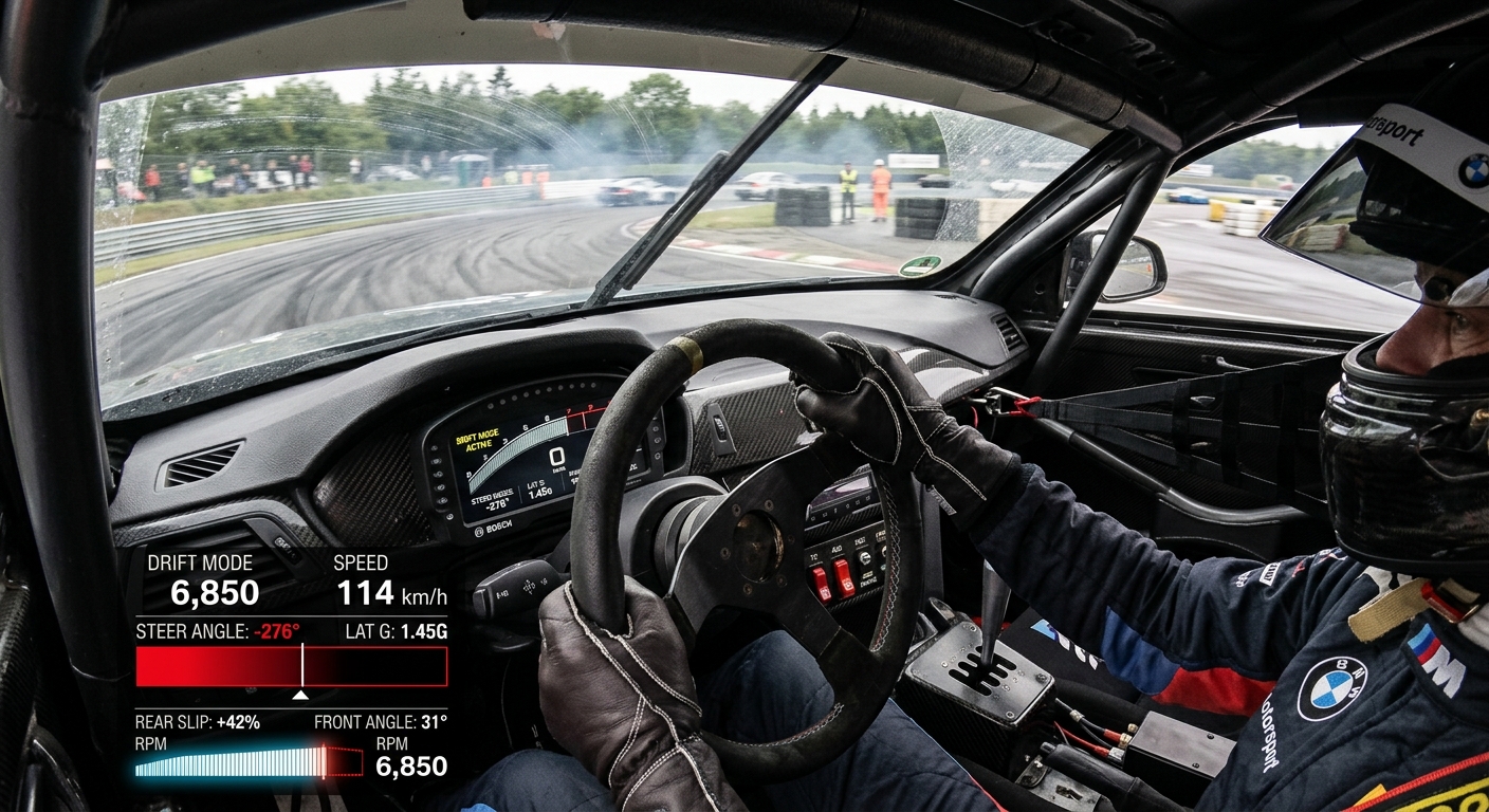 Driver capturing a slide in a GT car using high-response steering inputs guided by telemetry data.