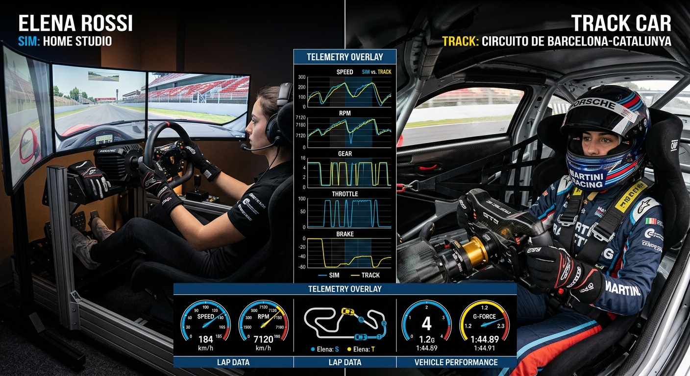A side-by-side comparison of a professional sim rig and a track car connected by telemetry data.