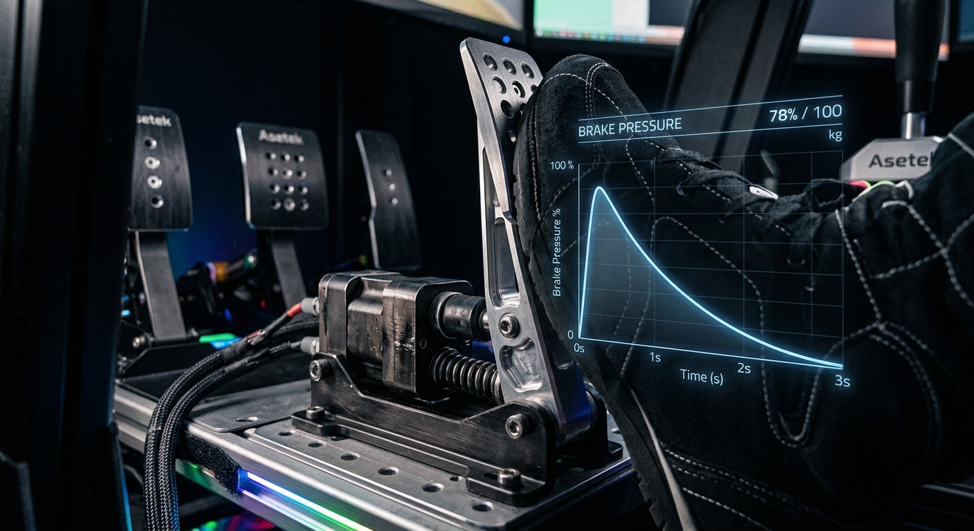 Close-up of load-cell pedals demonstrating the transition from digital trigger clicks to precise analog pressure control.
