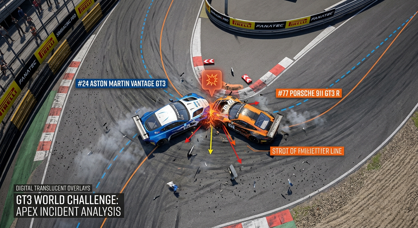 A top-down view of two GT3 cars colliding at an apex, highlighting the line of contact for incident analysis.
