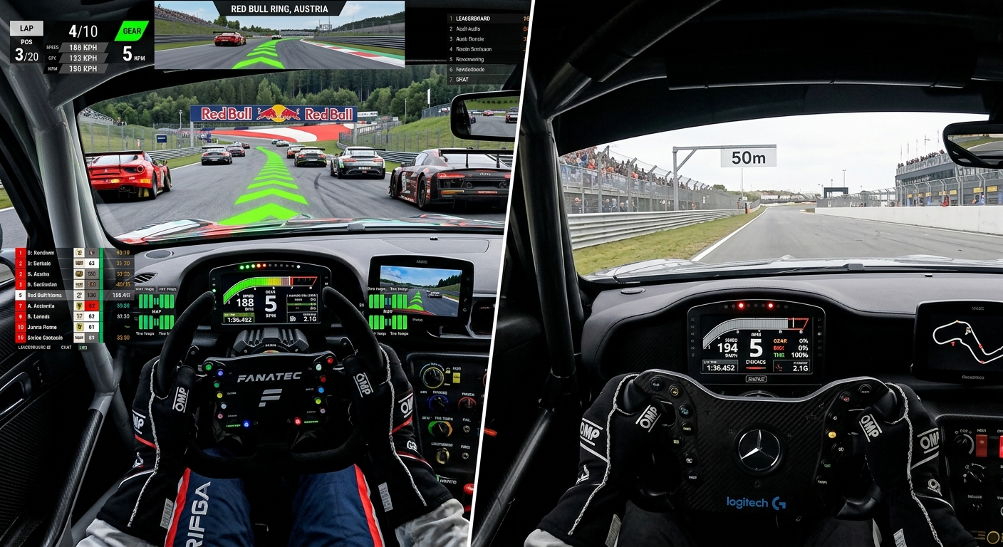 A comparison between a cluttered HUD with a racing line and a clean cockpit focused on reference markers.