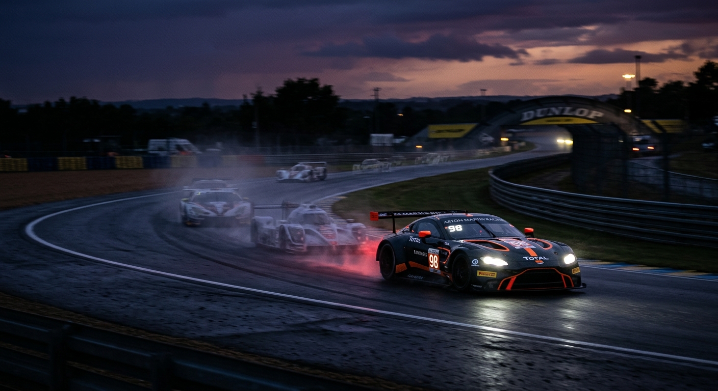 A lone GT3 car traverses a quiet circuit at sunset as other competitors disconnect from the session.