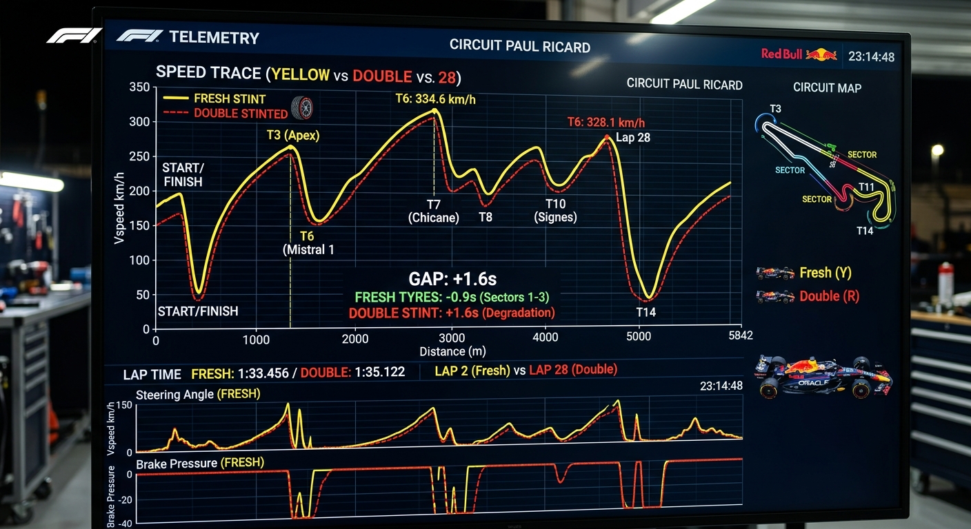 Comparing speed traces between fresh and worn tires helps identify the exact point of performance crossover.