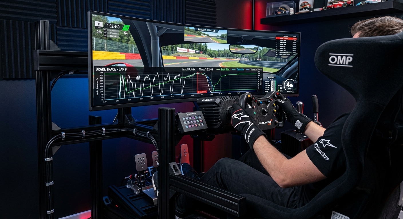A professional sim racing setup featuring a load cell pedal set and high-resolution telemetry data for performance analysis.