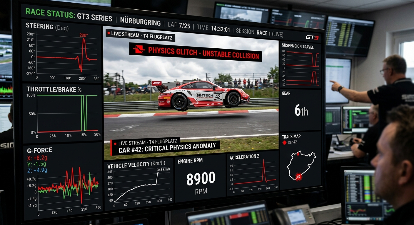 A digital race control interface analyzing a frame-time spike during a high-speed endurance race incident.