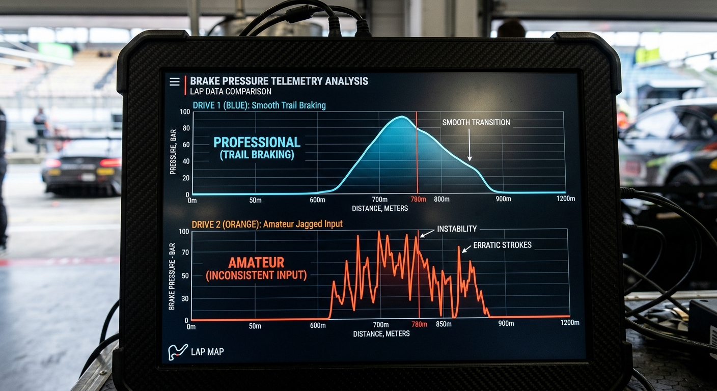 The brake trace highlights errors in trail braking that lead to poor corner rotation and lost time.