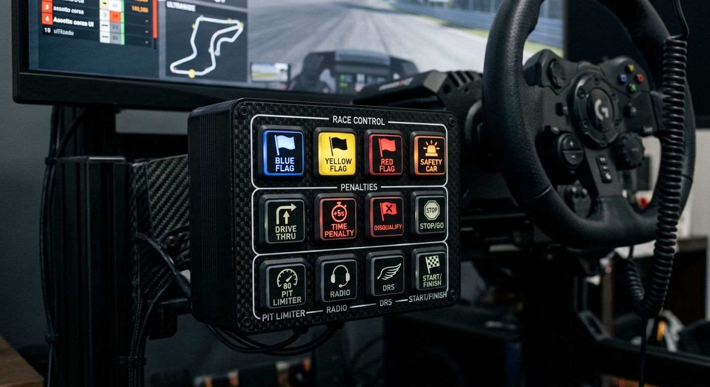 Close-up of a custom button box with tactile switches mapped to drive-through and stop-and-go penalties.