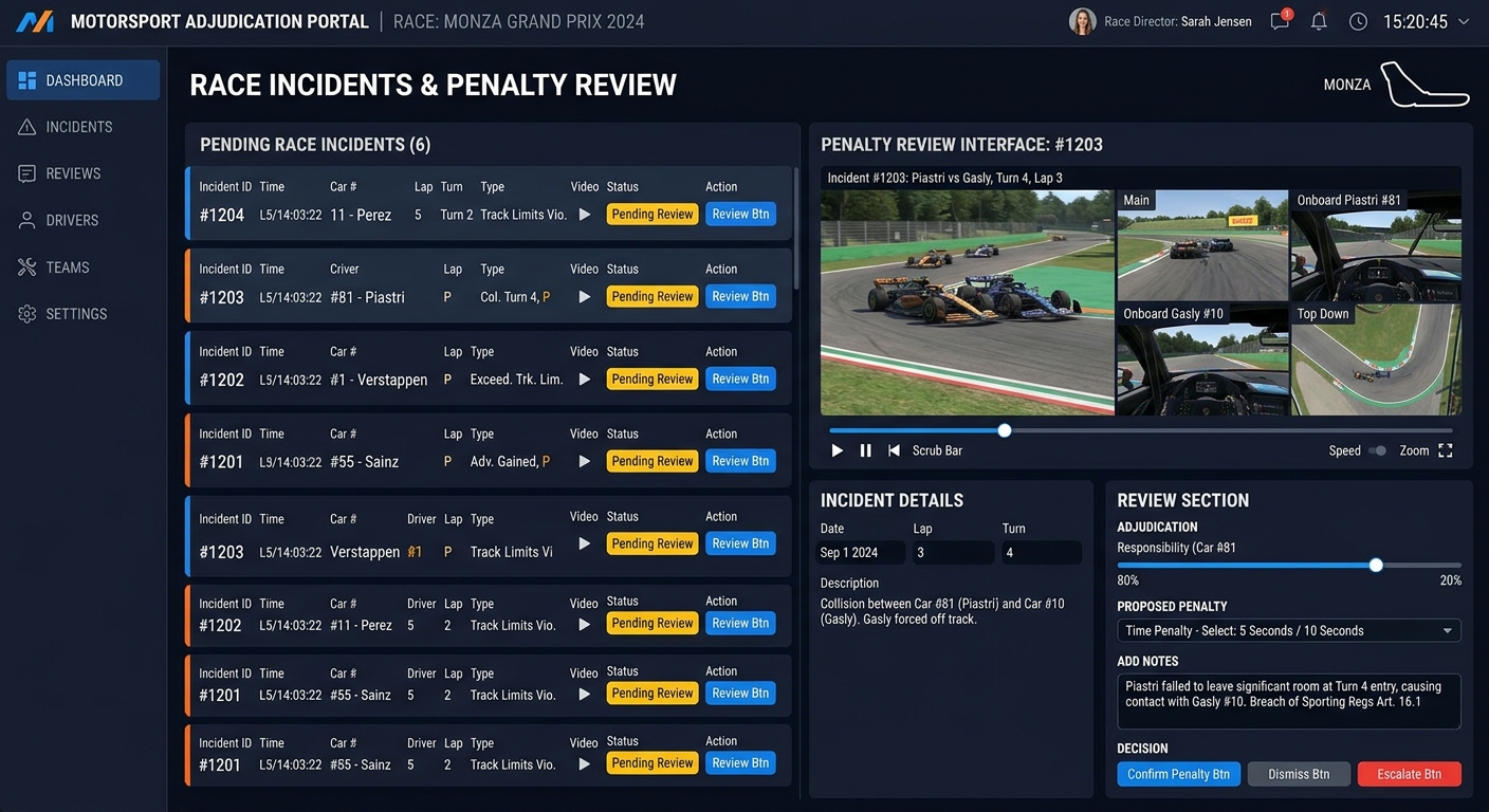 An incident review dashboard used by stewards to process protests and assign penalties fairly.