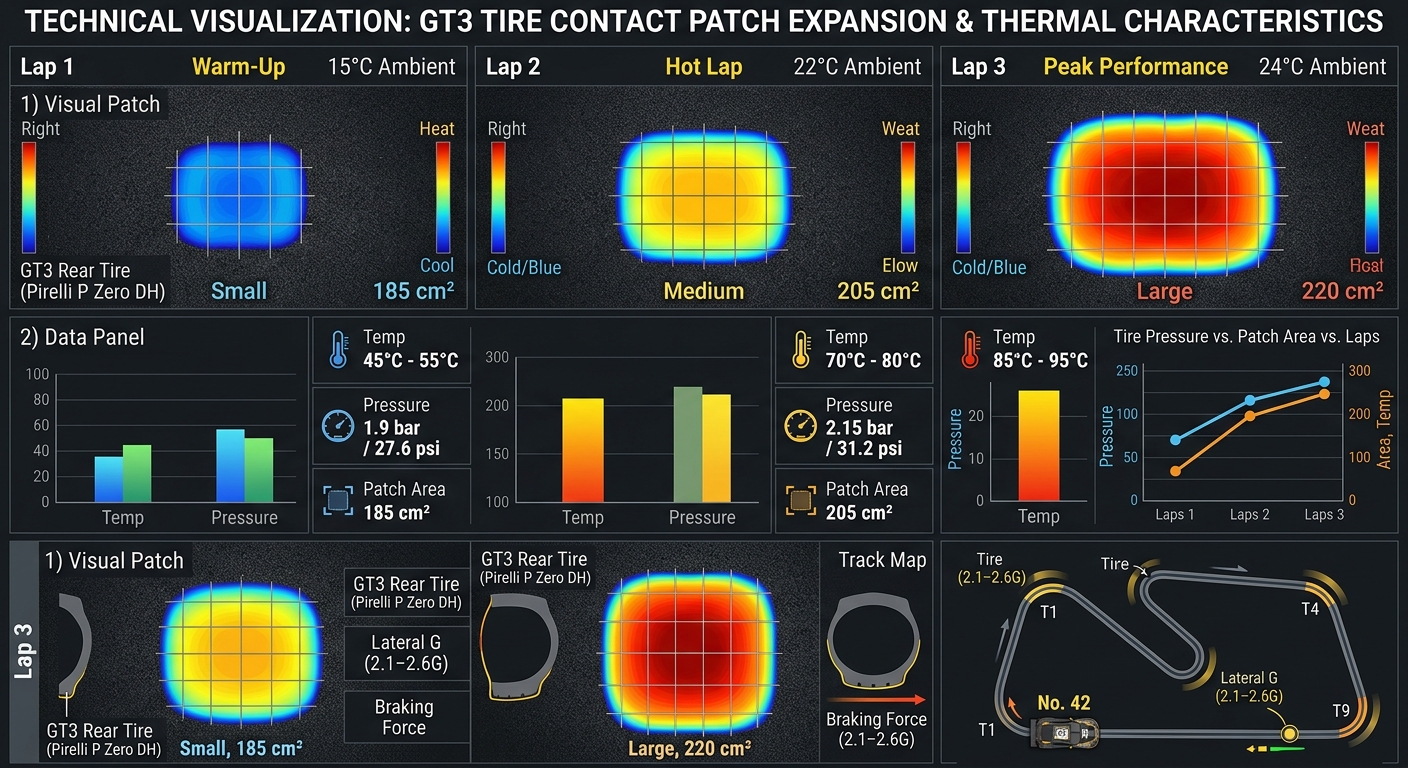 Visual representation of how tire pressure and contact patch size evolve during the opening laps.