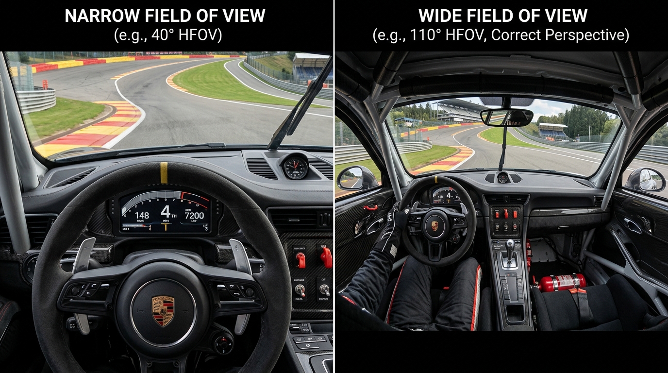 Correct FOV settings are essential for judging distances and maintaining awareness of cars positioned alongside your vehicle.