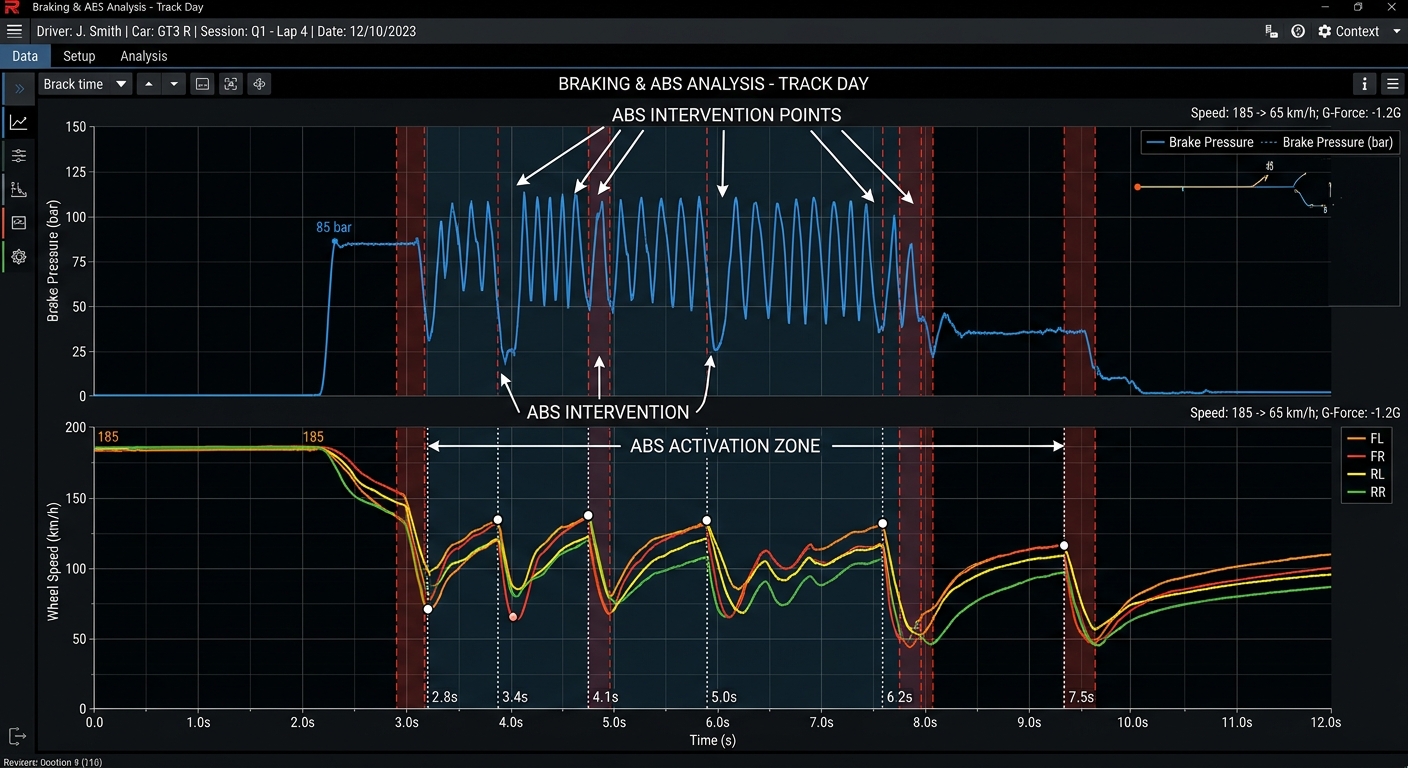 Telemetry data revealing how ABS intervention impacts braking efficiency and tire temperatures.