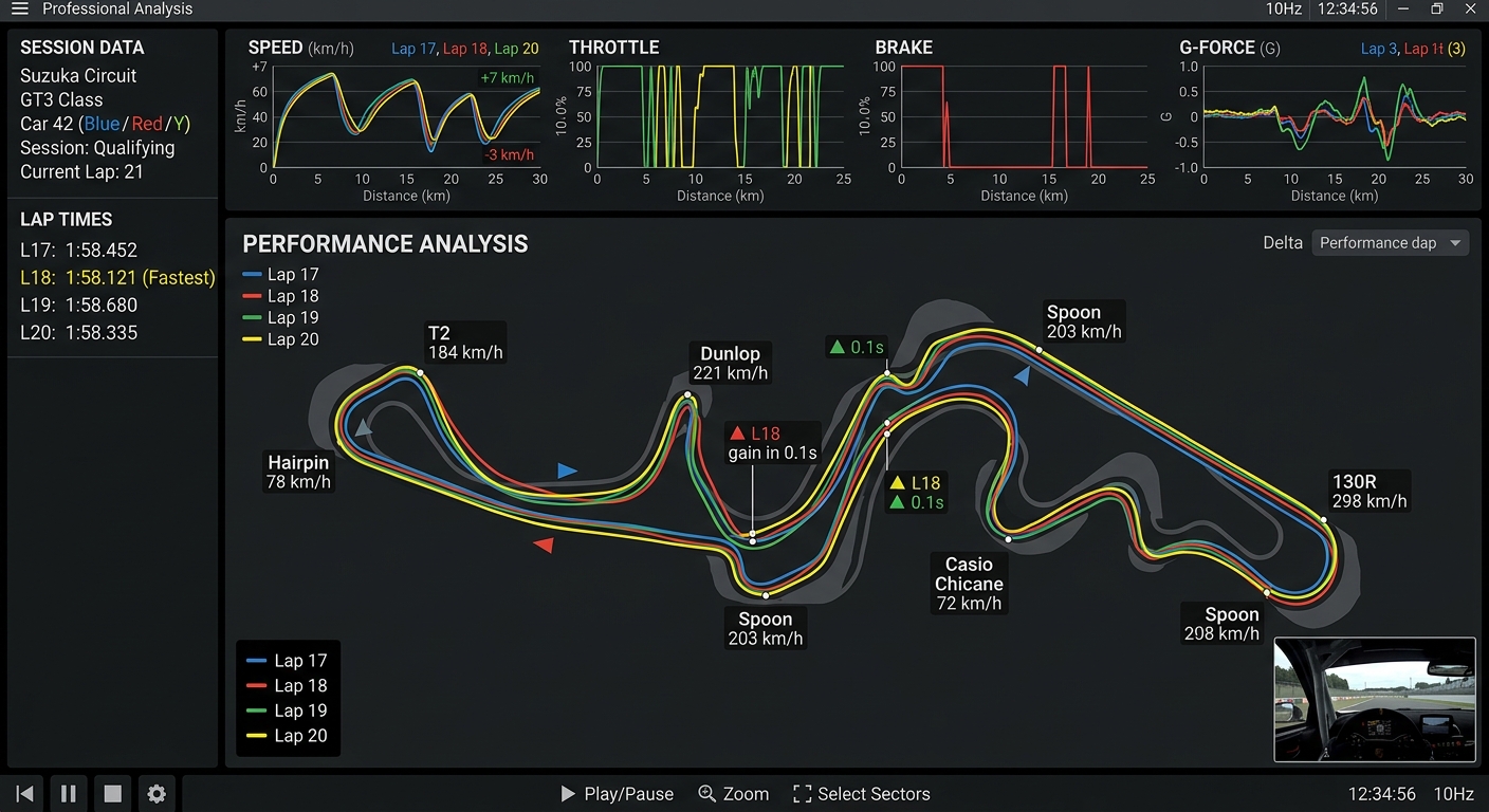 Overlaying multiple laps helps identify the specific corners where your driving inputs become erratic.