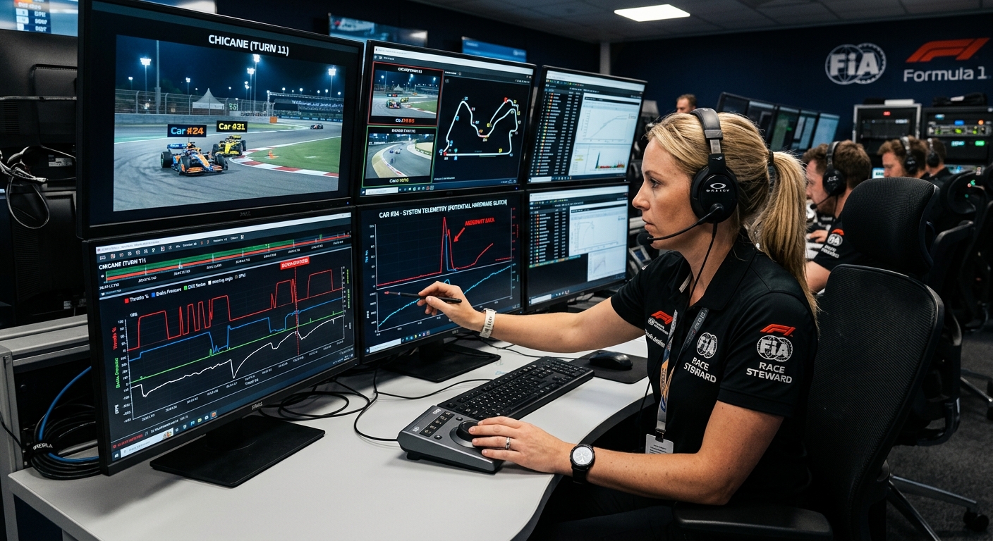 Race control analysts using telemetry and video to verify claims of hardware malfunction during a protest review.