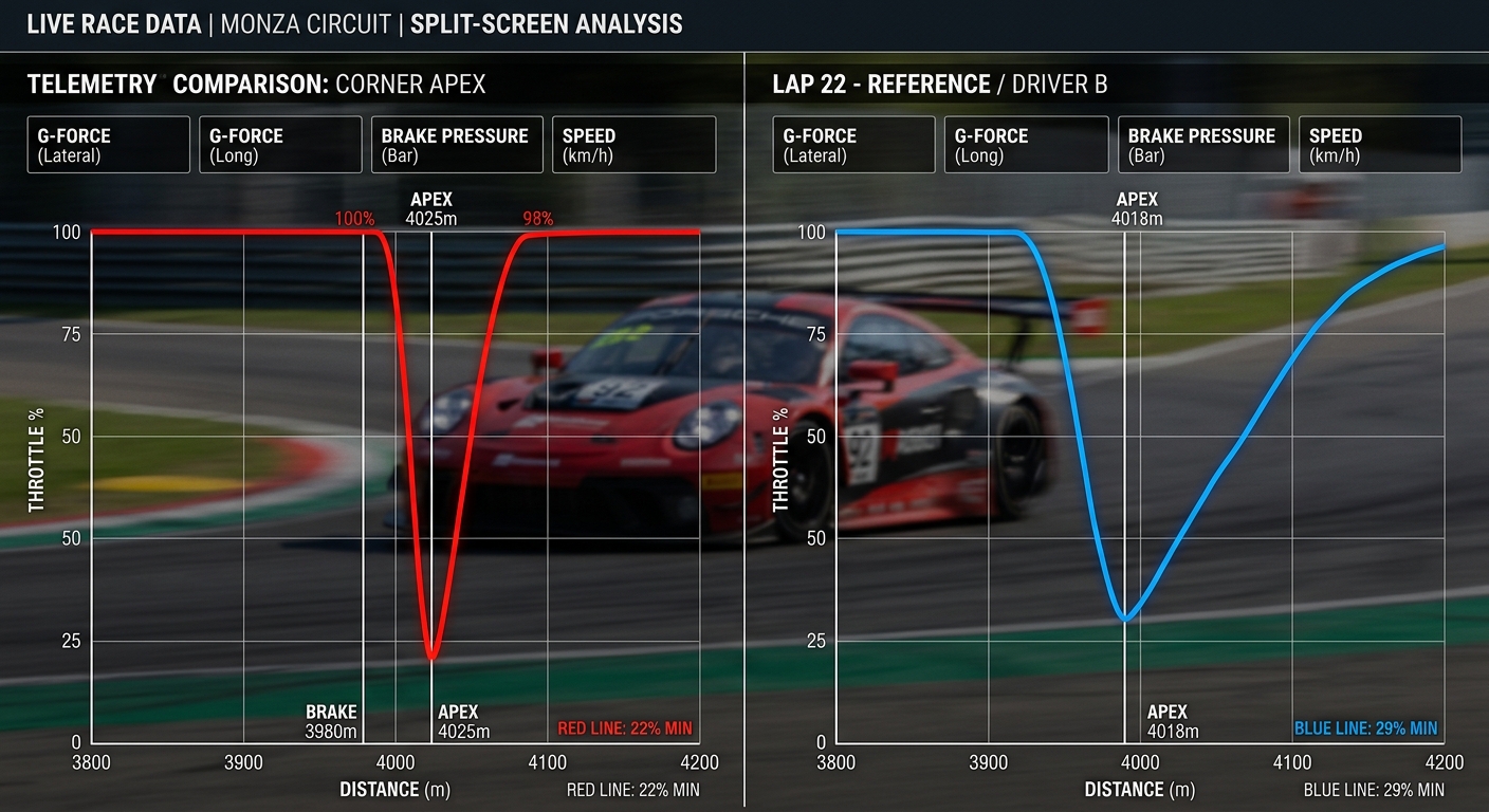 A comparison of two telemetry lines showing the variance between a peak lap and average race pace.