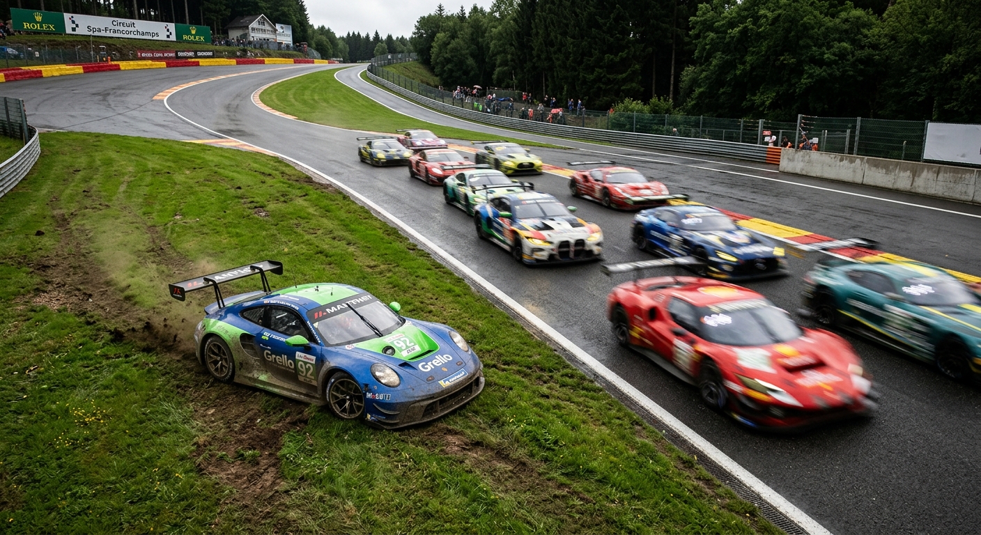 A car navigating the grass runoff while waiting for a safe gap to rejoin the main track surface.