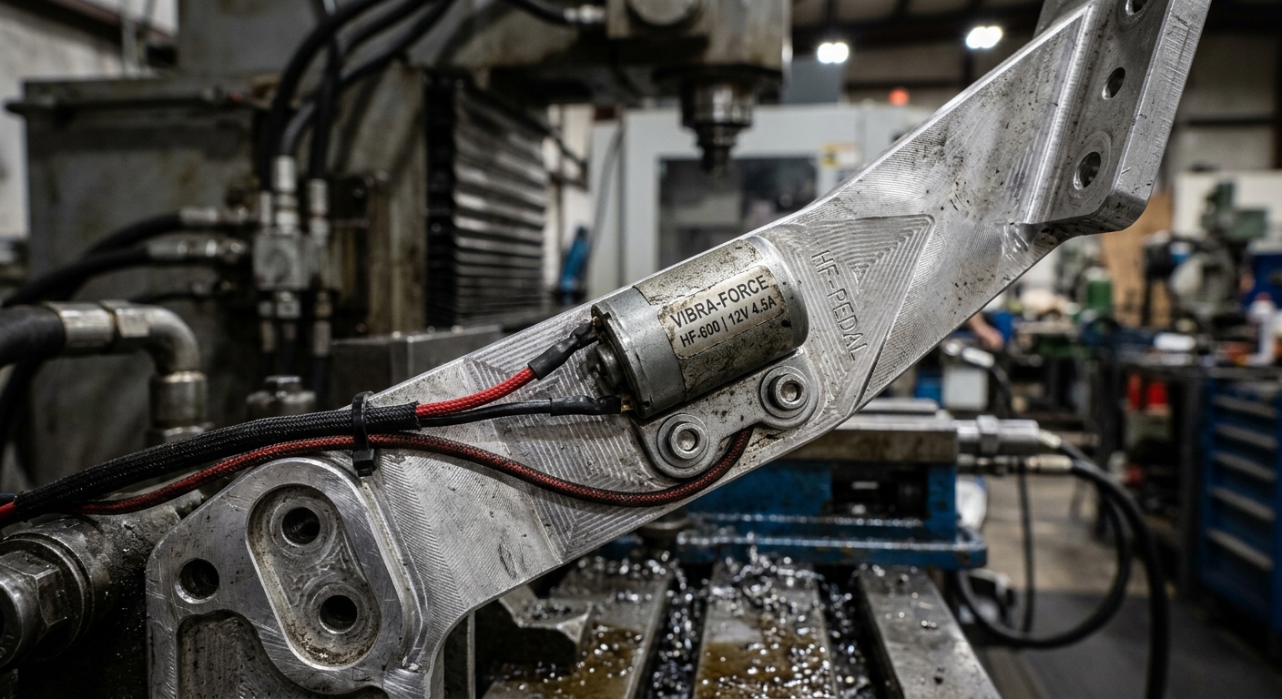 A detailed view of a high-torque vibration motor mounted on a professional aluminum brake pedal for tactile feedback.