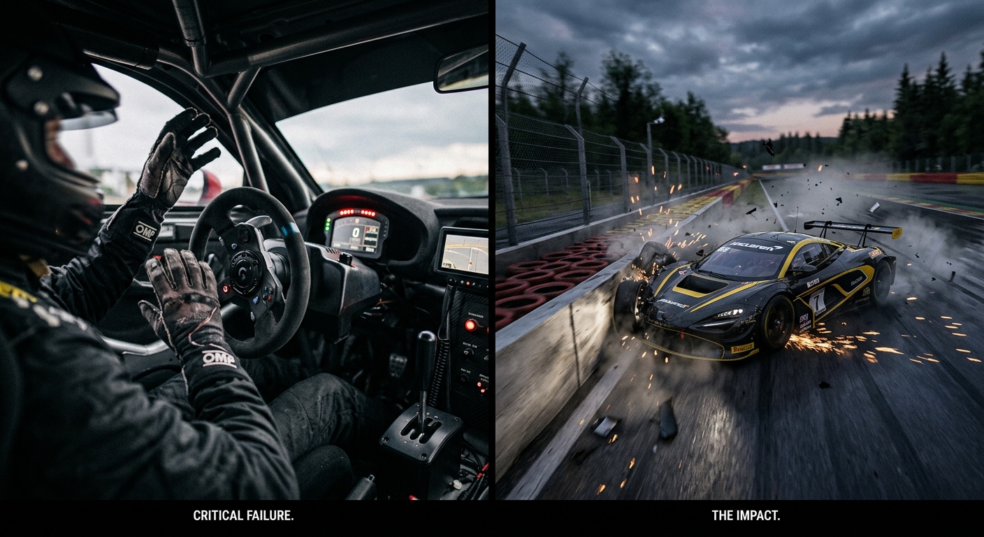 The moment a hardware failure in the rig translates to an unavoidable incident on the virtual track.