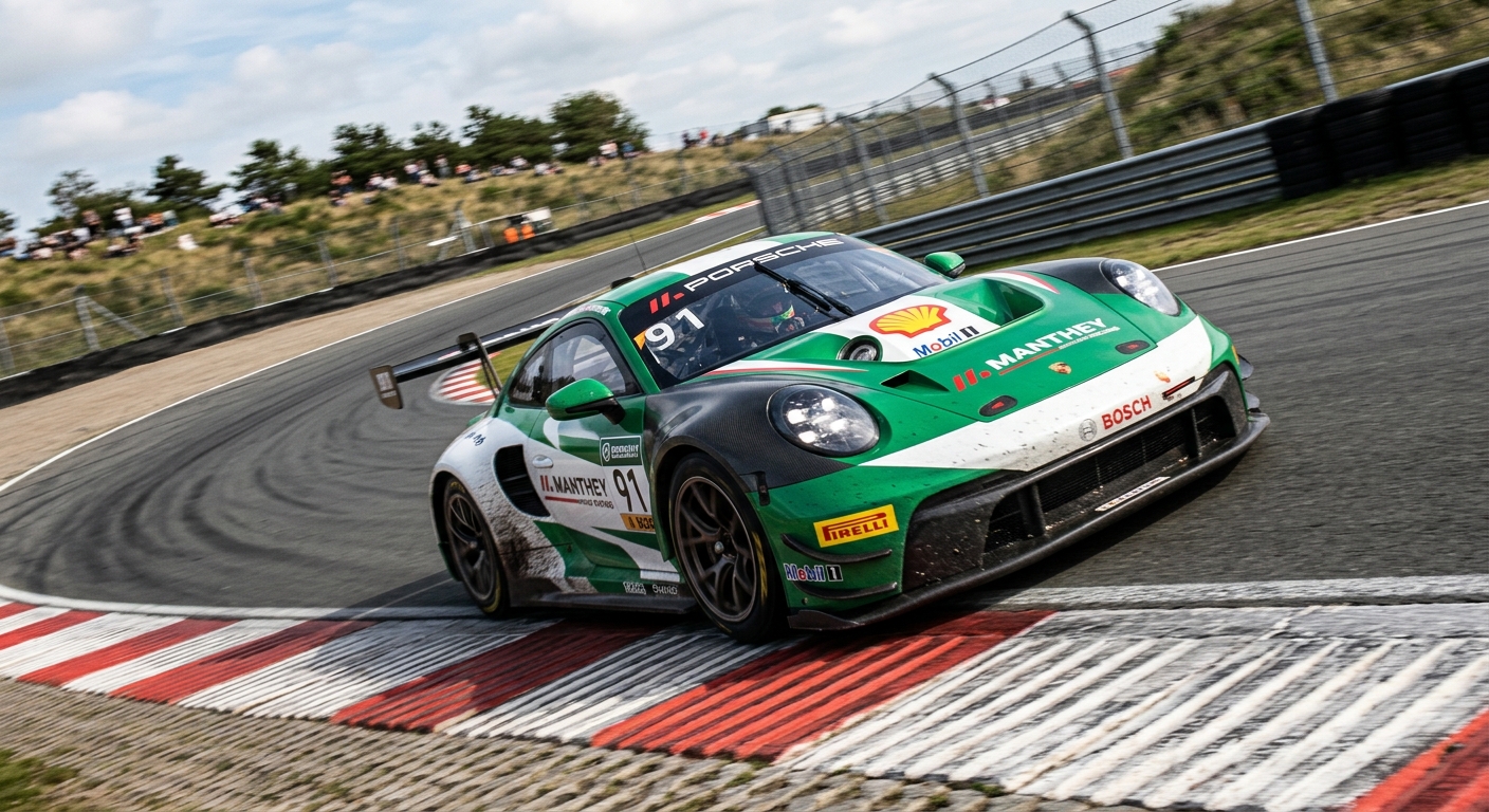 A GT3 car demonstrating perfect corner geometry and weight transfer during a high-speed turn.
