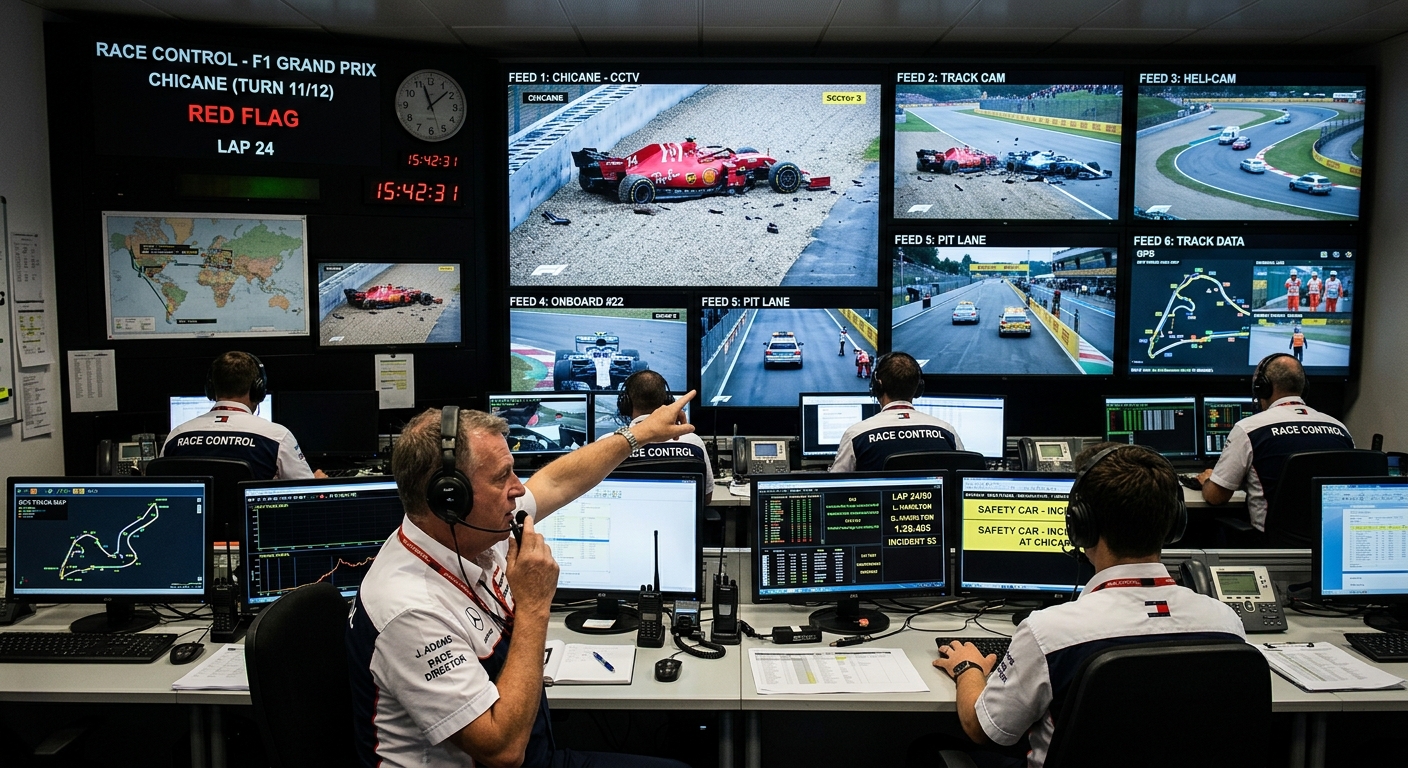 Professional stewarding dashboard showing multiple camera angles of an open-wheel racing incident for objective post-race review.