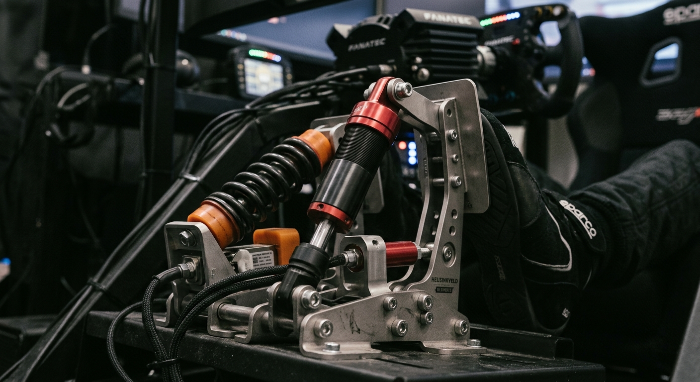 A detailed view of a high-performance load cell pedal set featuring heavy-duty springs and precision pressure sensors.