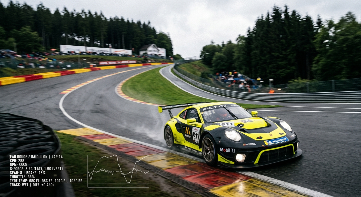 A high-performance GT3 car hitting a perfect apex at Spa-Francorchamps with professional data overlays.