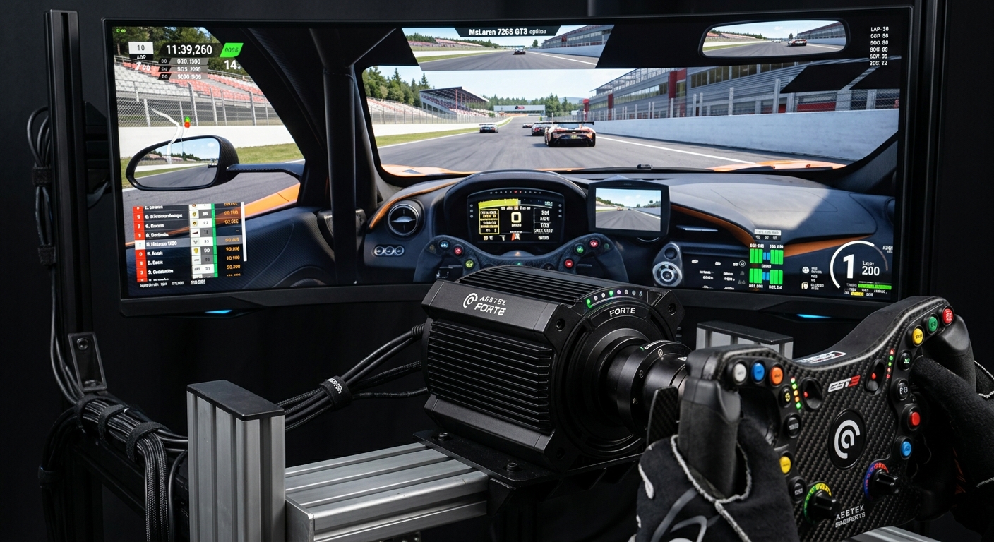 A monitor positioned directly behind a direct drive wheel base to minimize the distance to the driver's eyes.