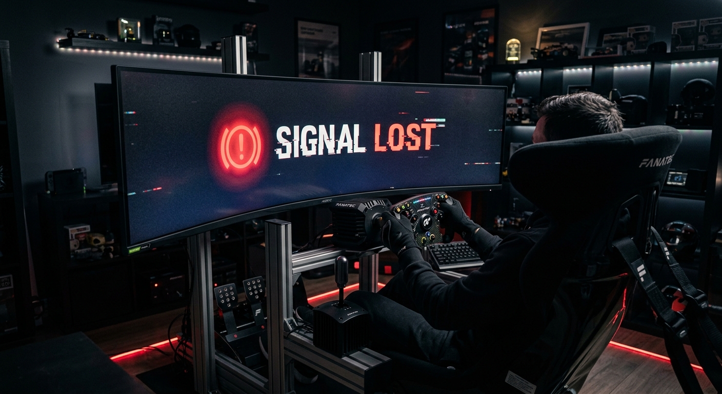 A cinematic view of a sim racing cockpit with a connection error message displayed on the monitor.