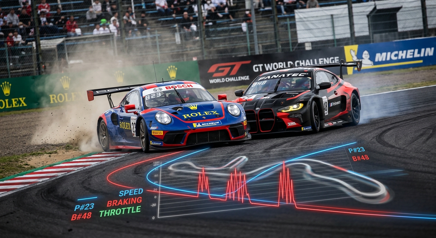 Two GT3 cars battle through a technical corner with professional telemetry data traces layered over the racing line.