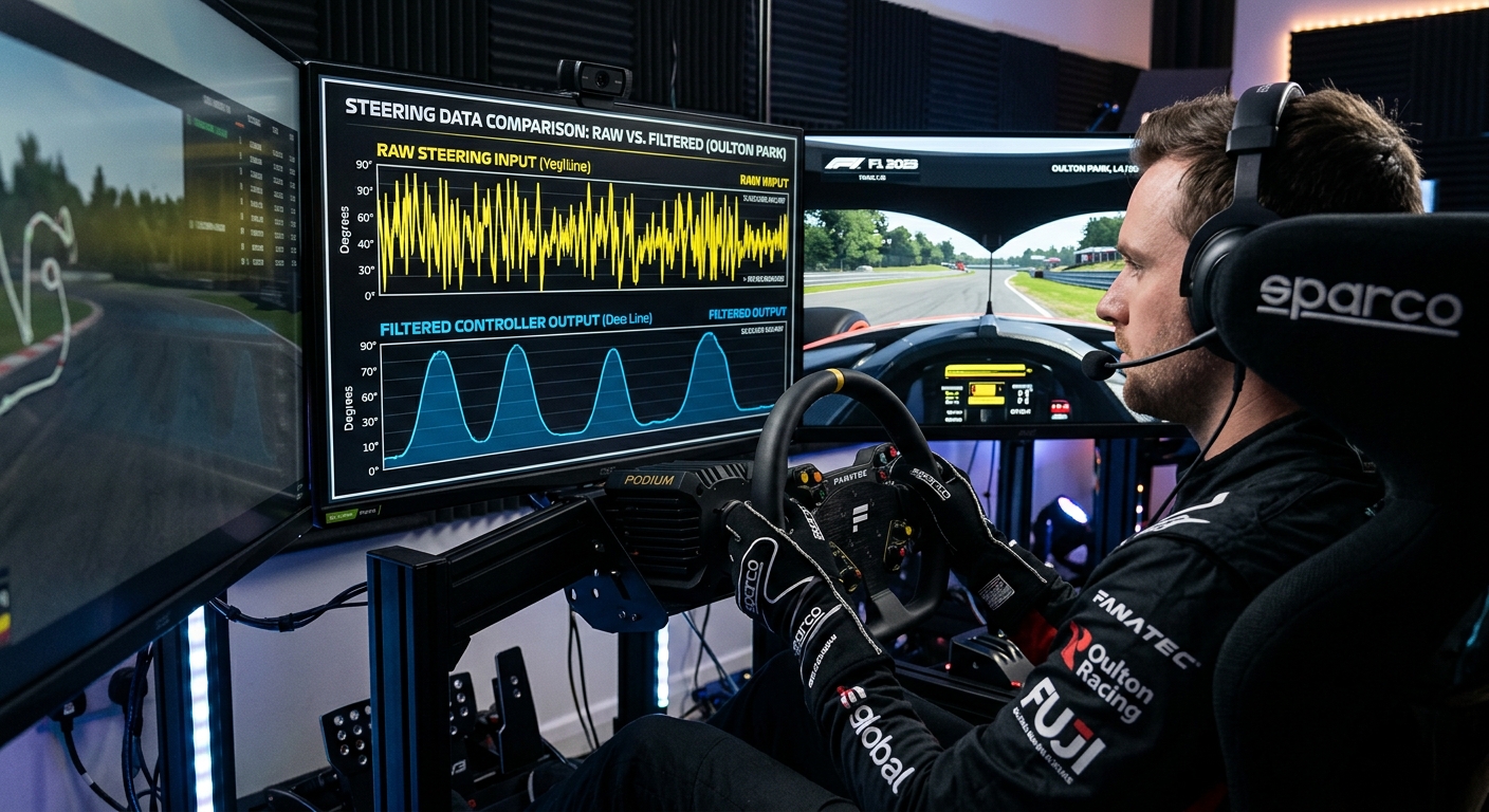 Telemetry software highlighting the difference between assisted gamepad steering and raw racing wheel inputs.