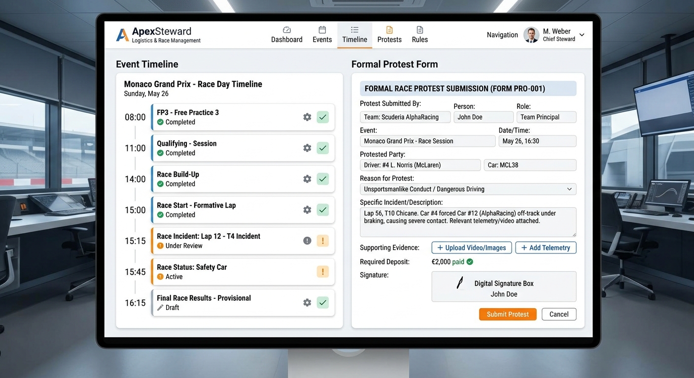 A professional digital interface used for logging driver protests and managing post-race incident reviews efficiently.