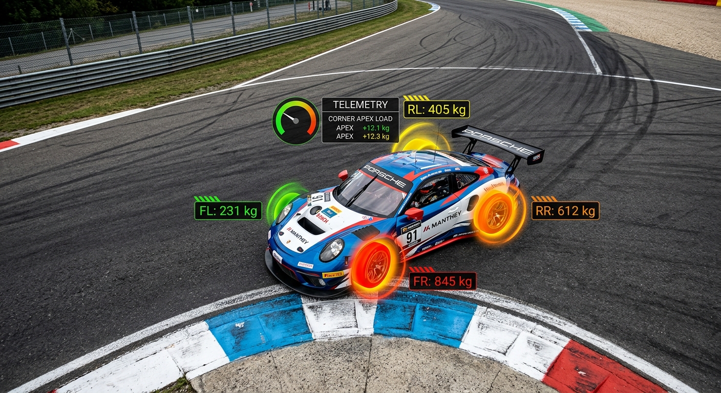 Visualizing tire load and grip levels through telemetry data to illustrate the importance of dynamic range in FFB.
