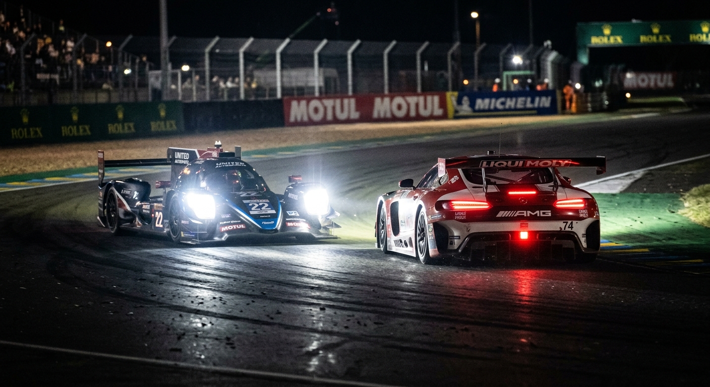 A prototype closes the gap on a GT3 car during a high-stakes multi-class endurance event.