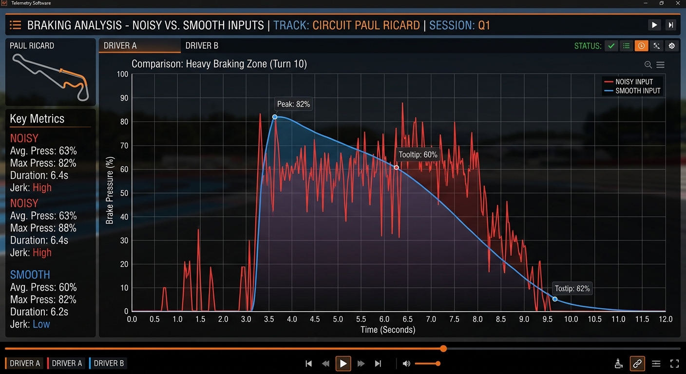 Telemetry comparison highlighting how ergonomic comfort leads to repeatable, smooth braking inputs and improved lap time consistency.