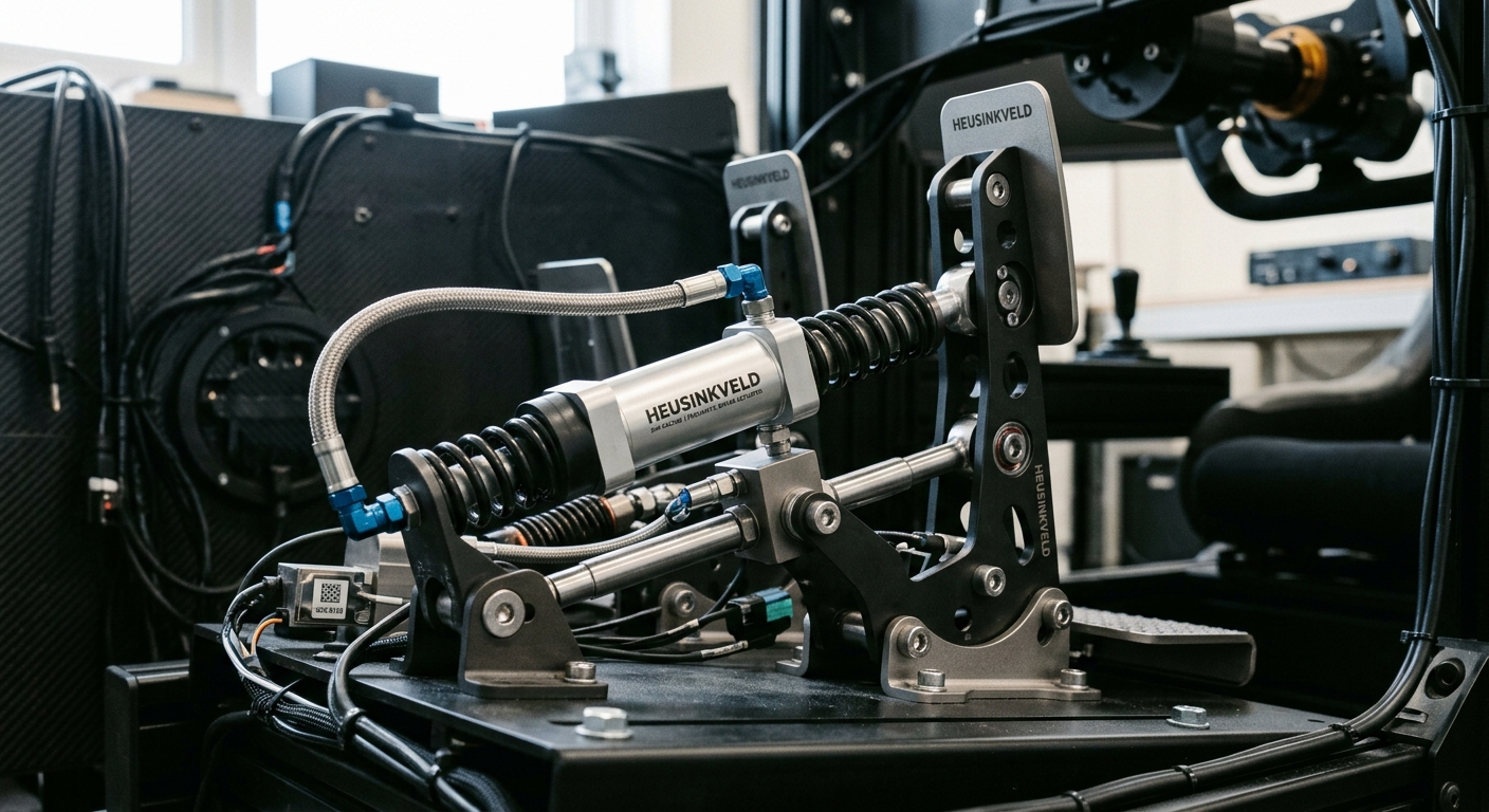 Close-up detail of a pneumatic resistance system highlighting the mechanical precision of boutique sim racing hardware.