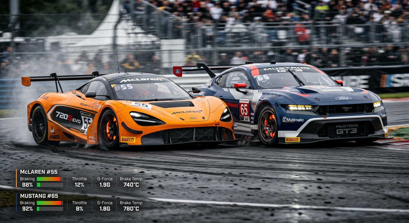 Two GT3 cars battling side-by-side through a high-speed corner with telemetry data overlays.