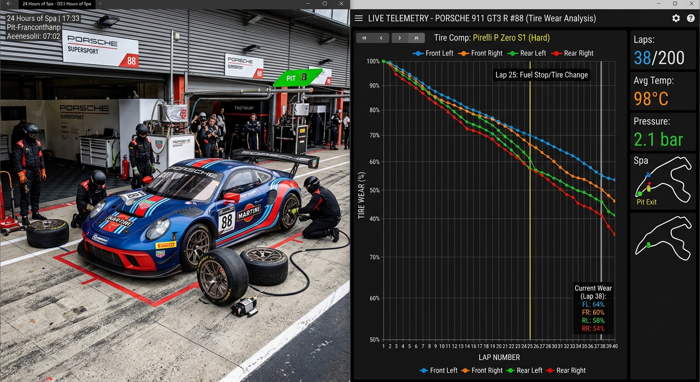 A comparison between live pit stop timing and tire wear telemetry data for endurance strategy optimization.